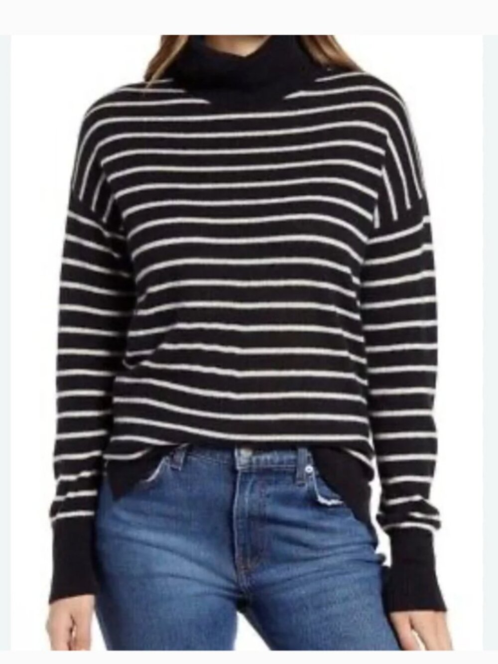 Nordstrom Black and White Striped Cashmere Turtleneck Sweater